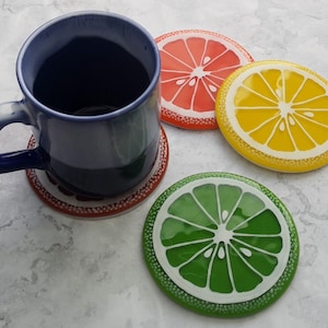 Handmade Fused Glass Fruit Slice Coaster - Citrus Fruit Drinks Coaster - Colourful Glass Tile  - Hot Drink Table Mat - Fruity Decor Gift