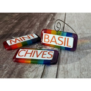 Handmade fused glass personalised hanging plant label. Colourful plant marker. Rainbow garden plant stake. Herb, vegetable, flower, fruit name. Gift for grandchild.