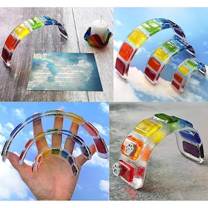 Handgemaakte gesmolten glas regenboog treden magere brug - vrijstaande gebogen boog - 3D-pootafdruk - cadeaubon keuze uit, gedicht regenboogbrug