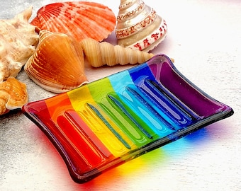 Handmade Fused Glass Rainbow Striped Soap Dish - Colourful Glass - Rainbow Decor - Brightly Coloured Rainbow Gift Multicoloured Soap Holder