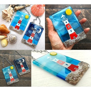 Handmade Fused Glass Lighthouse Hanging Picture / Suncatcher - Wave Ocean Art - Sea Glass Gift Decoration - Day Night Sun Moon Light Catcher