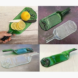 ハンドメイドのフューズドガラス製リサイクルワインボトルプレート、ネックハンドル付き - 潰れたボトルを盛り上げるサービングプラッター - エコギフト、ゼロウェイスト