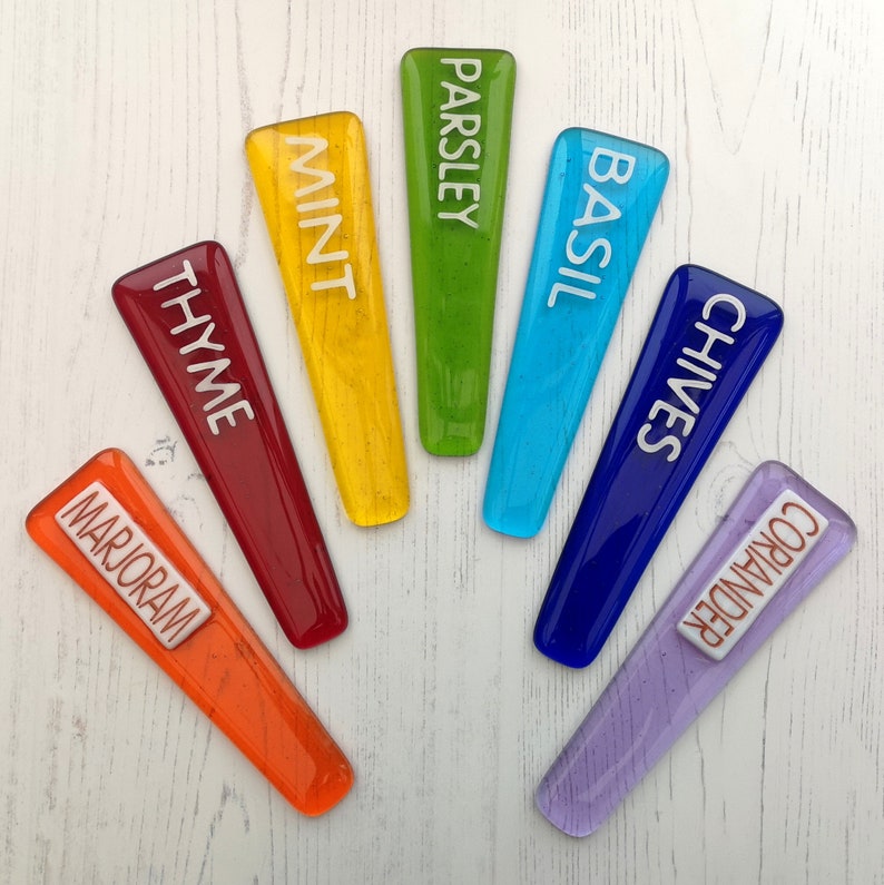 Handmade fused glass personalised plant label. Colourful plant marker. Rainbow garden plant stake. Herb, vegetable, flower, fruit name. Gift for friend.