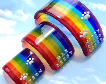 Handmade Fused Glass Rainbow Bridge - Personalized Pet Memorial - Customizable 3D Name & Paw Prints - Choice Of Gift Card, Poem For Pet Loss