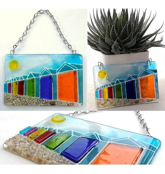 Handmade Fused Glass 3D Beach Huts Hanging Picture - Suncatcher - Seaside Wall Art - Beach Gift Decoration - Sea Ocean Scene - Glass Pebbles
