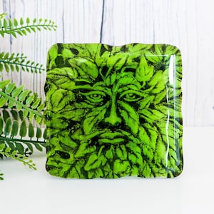 Handmade Fused Glass Greenman Drinks Coaster - Green Man Plaque -  Leaf Man Art - Greenman Face - Green Glass Tile - Man Of The Woods