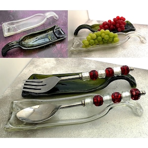 Handmade Fused Glass Recycled Wine Bottle Curved Handle Dish - Squashed Slumped Bottle Serving Plate Eco Gift Zero Waste Reclaimed Upcycled