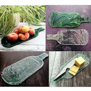 Handmade Fused Glass Recycled Wine Bottle Plate With Imprinted Patterns - Peacock Feathers - Fern Leaves - Cherry Blossom - Serving Platter