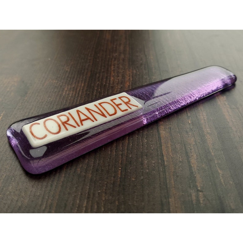 Handmade fused glass personalised plant label. Colourful plant marker. Rainbow garden plant stake. Herb, vegetable, flower, fruit name. Gift for grandchild.