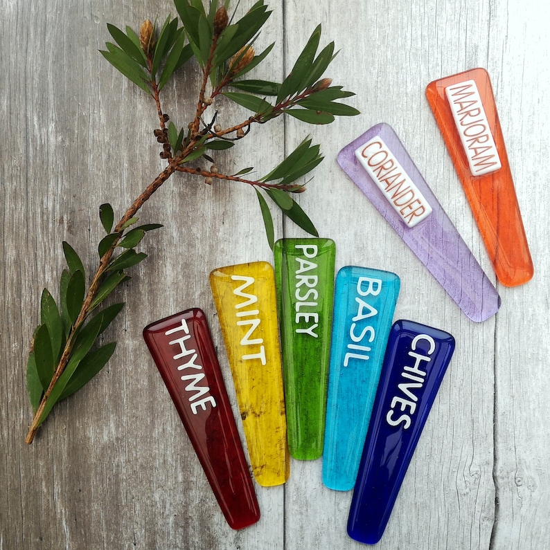 May include: A set of seven colourful glass plant markers with white lettering. The markers are labelled "Thyme", "Mint", "Parsley", "Basil", "Chives", "Coriander", and "Marjoram".