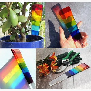 Handmade Fused Glass Rainbow Plant Stake - Plant Marker - Herb Garden Ornament - Suncatcher -  Colourful Rainbow Glass Gift - Plant Pot
