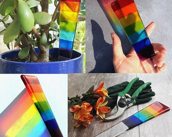 Handmade Fused Glass Rainbow Plant Stake - Plant Marker - Herb Garden Ornament - Suncatcher -  Colourful Rainbow Glass Gift - Plant Pot