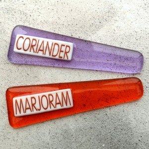 Handmade fused glass personalised plant label. Colourful plant marker. Rainbow garden plant stake. Herb, vegetable, flower, fruit name. Gift for the interior designer.