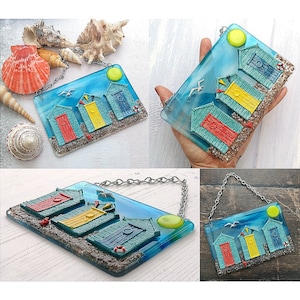 Handmade Fused Glass 3D Beach Huts Hanging Picture - Seaside Wall Art - Beach Gift Decoration - Sea Ocean Scene - Glass Pebbles - Seagull