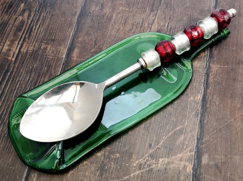 Handmade Fused Glass Recycled Wine / Beer Bottle Plate Squashed Slumped Bottle Serving Dish Eco Gift Zero Waste Upcycled Spoon Rest image 8