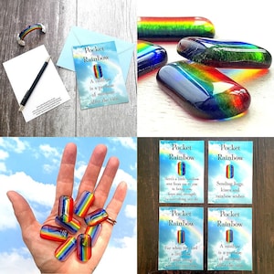 Arc-en-ciel de poche en verre fusionné fait à la main - Sur une carte postale avec enveloppe - 4 messages différents au choix - Breloque inquiétude en pierre de voeux câlin de poche