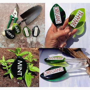 Handmade Fused Glass Leaf Shaped Plant Name Label / Marker / Plant Stake / Vegetable Herb Garden - Permanent letters, won't fade or rot