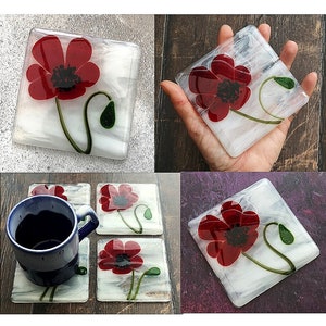 Handmade Fused Glass Poppy Flower Drinks Coaster - Poppies Art - Garden Flowers Glass Tile  - Nature Hot Drink Table Mat - Floral Decor Gift