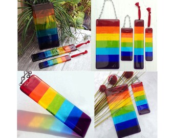 Handmade Fused Glass Rainbow Striped Hanging Picture / Suncatcher - Brightly Coloured Light Catcher - Rainbow Decor - Colourful Wall Art