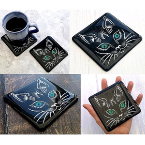 Handmade Fused Glass Cat Face Drinks Coaster - With Dichroic Glass Eyes - Glass Tile - Black Cat - Hot Drink Table Mat - Feline Decor Gift