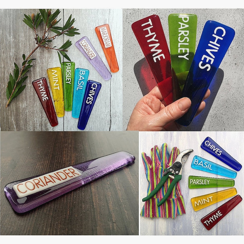Handmade fused glass personalised plant label. Colourful plant marker. Rainbow garden plant stake. Herb, vegetable, flower, fruit name. Gift for partner. Gift for nature lover.