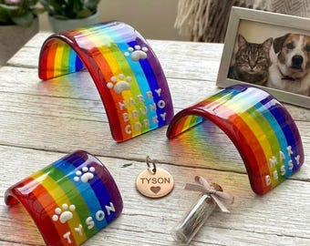 Handmade Fused Glass Rainbow Bridge - Personalized Pet Memorial - Customizable 3D Name & Paw Prints - Choice Of Gift Card, Poem For Pet Loss