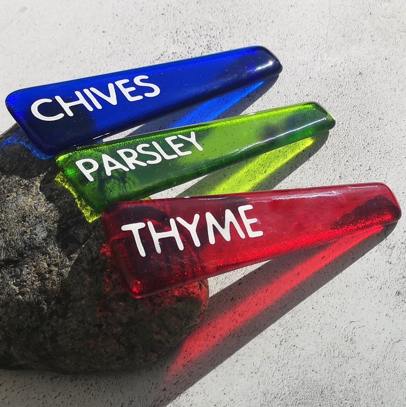 Handmade fused glass personalised plant label. Colourful plant marker. Rainbow garden plant stake. Herb, vegetable, flower, fruit name. Gift for the gardener.