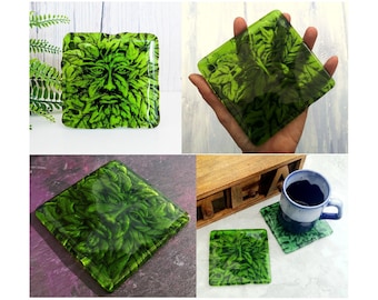 Handmade Fused Glass Greenman Drinks Coaster - Green Man Plaque -  Leaf Man Art - Greenman Face - Green Glass Tile - Man Of The Woods