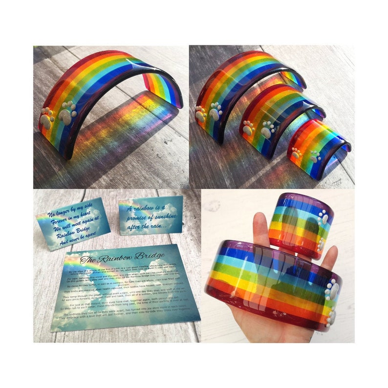 Handmade Fused Glass Free Standing Rainbow Bridge Poem For Pet Loss - Curved Arch - 3D Paw Prints - Choice Of Gift Card - Personalised Name 