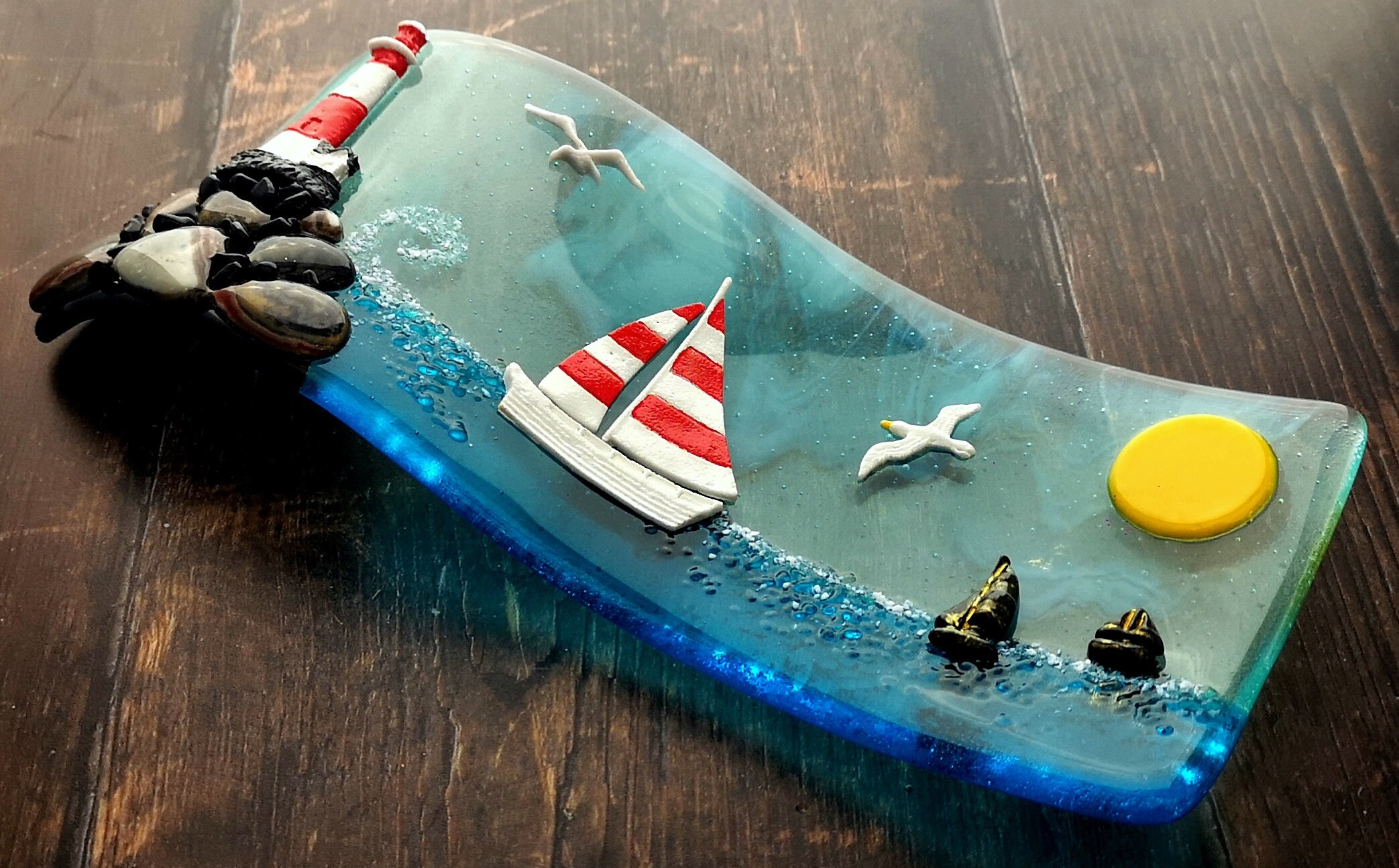Handmade Fused Glass 3D Lighthouse & Sailing Boats Free Etsy UK