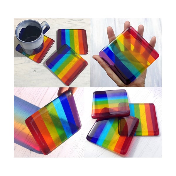 Handmade Fused Glass Rainbow Striped Drinks Coaster - Colourful Glass Tile - Hot Drink Table Mat - Rainbow Decor - Brightly Coloured Gift