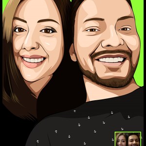 May include: A digital illustration of a couple, a man and a woman, with a green background. The couple is smiling and looking at the camera. The man is wearing a black shirt with a white anchor pattern. The woman is wearing a black shirt. The image includes the text "World's Gifts".