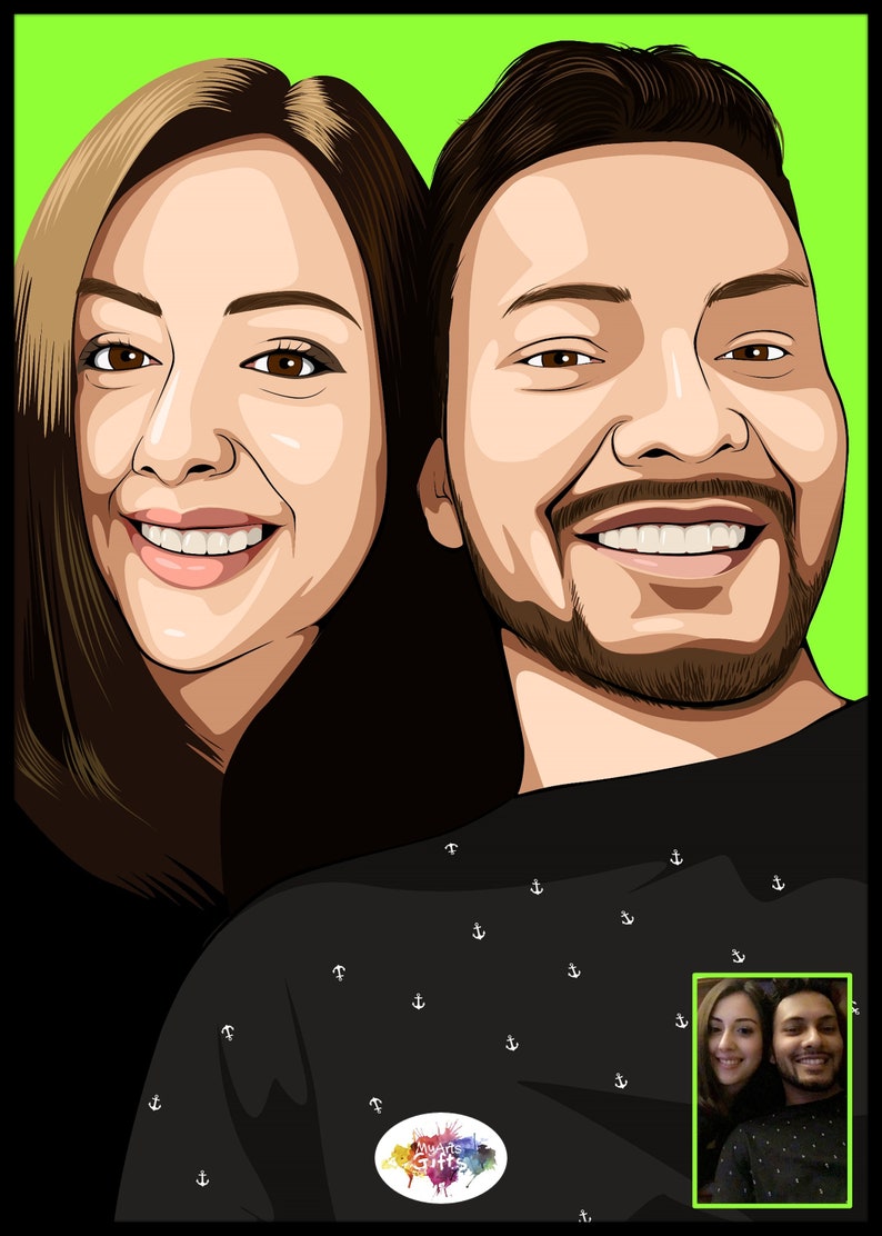 May include: A digital illustration of a couple, a man and a woman, with a green background. The couple is smiling and looking at the camera. The man is wearing a black shirt with a white anchor pattern. The woman is wearing a black shirt. The image includes the text "World's Gifts".