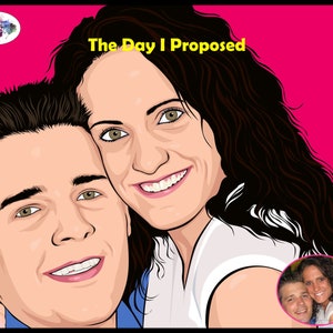 May include: A cartoon illustration of a couple, a man and a woman, smiling and looking at the camera. The woman has long dark hair and is wearing a white shirt. The man has short dark hair and is wearing a blue shirt. The text "The Day I Proposed" is written in yellow letters at the top of the image.