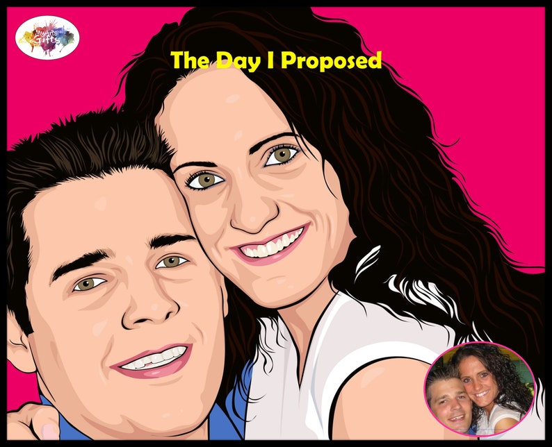 May include: A cartoon illustration of a couple, a man and a woman, smiling and looking at the camera. The woman has long dark hair and is wearing a white shirt. The man has short dark hair and is wearing a blue shirt. The text "The Day I Proposed" is written in yellow letters at the top of the image.