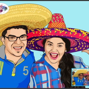 May include: Two people wearing colorful sombreros, one with a yellow straw hat and the other with a red, yellow, and purple hat. The person wearing the yellow hat is wearing a blue shirt with a yellow number 5 on it. The person wearing the red, yellow, and purple hat is wearing a plaid shirt.