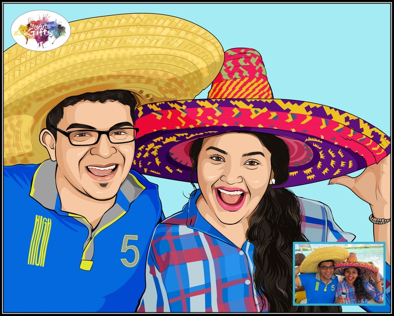 May include: Two people wearing colorful sombreros, one with a yellow straw hat and the other with a red, yellow, and purple hat. The person wearing the yellow hat is wearing a blue shirt with a yellow number 5 on it. The person wearing the red, yellow, and purple hat is wearing a plaid shirt.