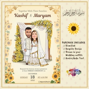 Cartões de casamento muçulmanos personalizados e ilustrados para salvar a data, convites de casamento islâmicos ou cartões Nikkah - Desenhos e caricaturas de casais