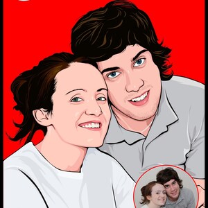 May include: A digital illustration of a couple, a man and a woman, with a cartoon style. The woman is wearing a white shirt and the man is wearing a gray polo shirt. The couple is smiling and looking at each other. The background is red.
