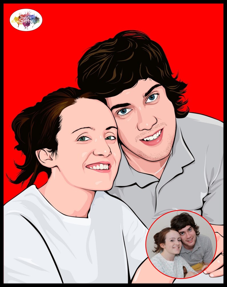 May include: A digital illustration of a couple, a man and a woman, with a cartoon style. The woman is wearing a white shirt and the man is wearing a gray polo shirt. The couple is smiling and looking at each other. The background is red.