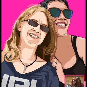 May include: Two women are smiling and wearing sunglasses. The woman on the left is wearing a blue shirt with the text "JPL" on it. The woman on the right is wearing a black tank top. The image is a cartoon illustration.