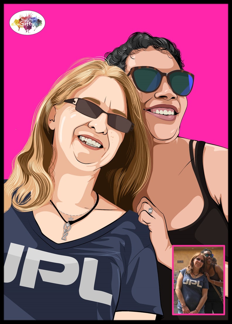 May include: Two women are smiling and wearing sunglasses. The woman on the left is wearing a blue shirt with the text "JPL" on it. The woman on the right is wearing a black tank top. The image is a cartoon illustration.