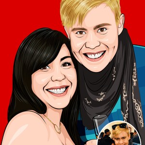 May include: A cartoon illustration of a couple, a woman with long black hair and a man with blond hair wearing sunglasses and a scarf. The man is holding a glass of champagne. The image is in a cartoon style.