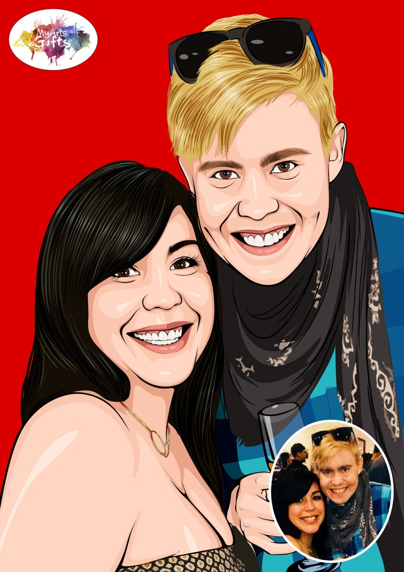 May include: A cartoon illustration of a couple, a woman with long black hair and a man with blond hair wearing sunglasses and a scarf. The man is holding a glass of champagne. The image is in a cartoon style.