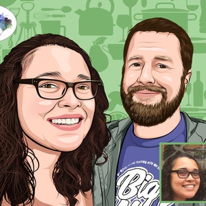 May include: A digital illustration of a couple, a woman with long brown hair wearing glasses and a man with a beard. The couple is depicted in a cartoon style against a green background with kitchen-themed icons. The man is wearing a blue shirt with the text "My money is on playing with my Lego".