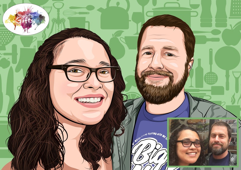 May include: A digital illustration of a couple, a woman with long brown hair wearing glasses and a man with a beard. The couple is depicted in a cartoon style against a green background with kitchen-themed icons. The man is wearing a blue shirt with the text "My money is on playing with my Lego".