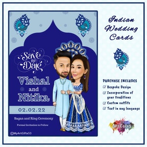 Geïllustreerd Save The Date, aangepaste Indiase huwelijksuitnodigingen voor je Haldi, Sagan, Sangeet, Puja, Mehndi-paar cartoons en karikaturen