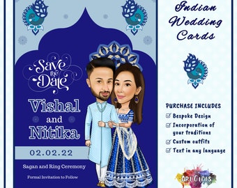 Illustrated Save The Date, Custom Indian Wedding Invites for your Haldi, Sagan, Sangeet, Puja, Mehndi- Couple Cartoons and Caricatures