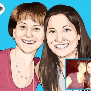May include: A digital illustration of two women with brown hair. The woman on the left is wearing a pink shirt and a silver necklace. The woman on the right is wearing a white tank top. A smaller image of the two women in a more casual setting is in the bottom right corner.