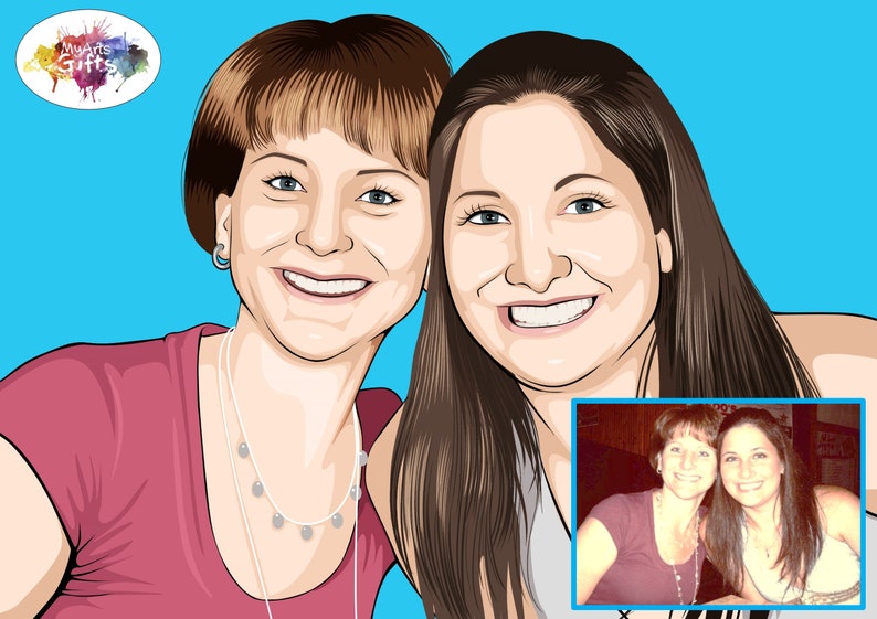 May include: A digital illustration of two women with brown hair. The woman on the left is wearing a pink shirt and a silver necklace. The woman on the right is wearing a white tank top. A smaller image of the two women in a more casual setting is in the bottom right corner.